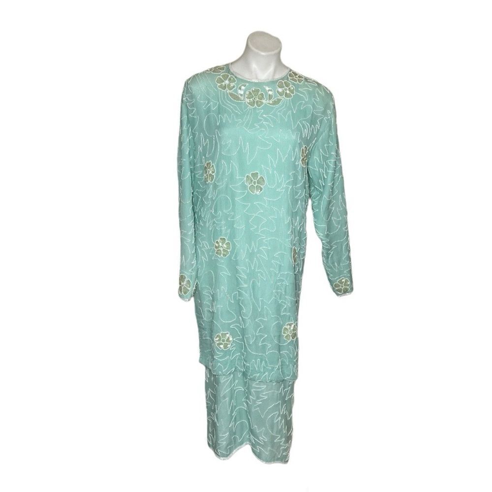 SCALA Beaded Gown Formal Light Green 100% Silk Back Slit Size Medium